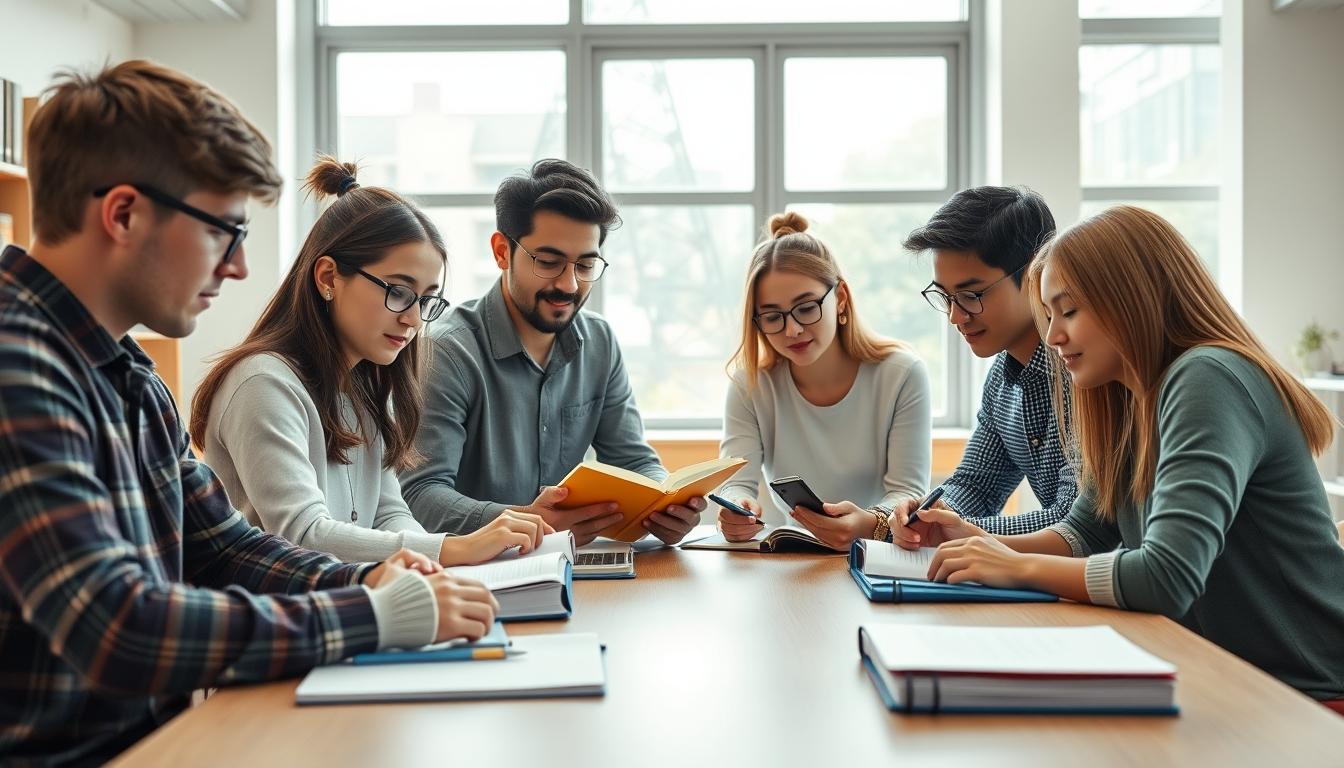 Students studying together in modern classroom